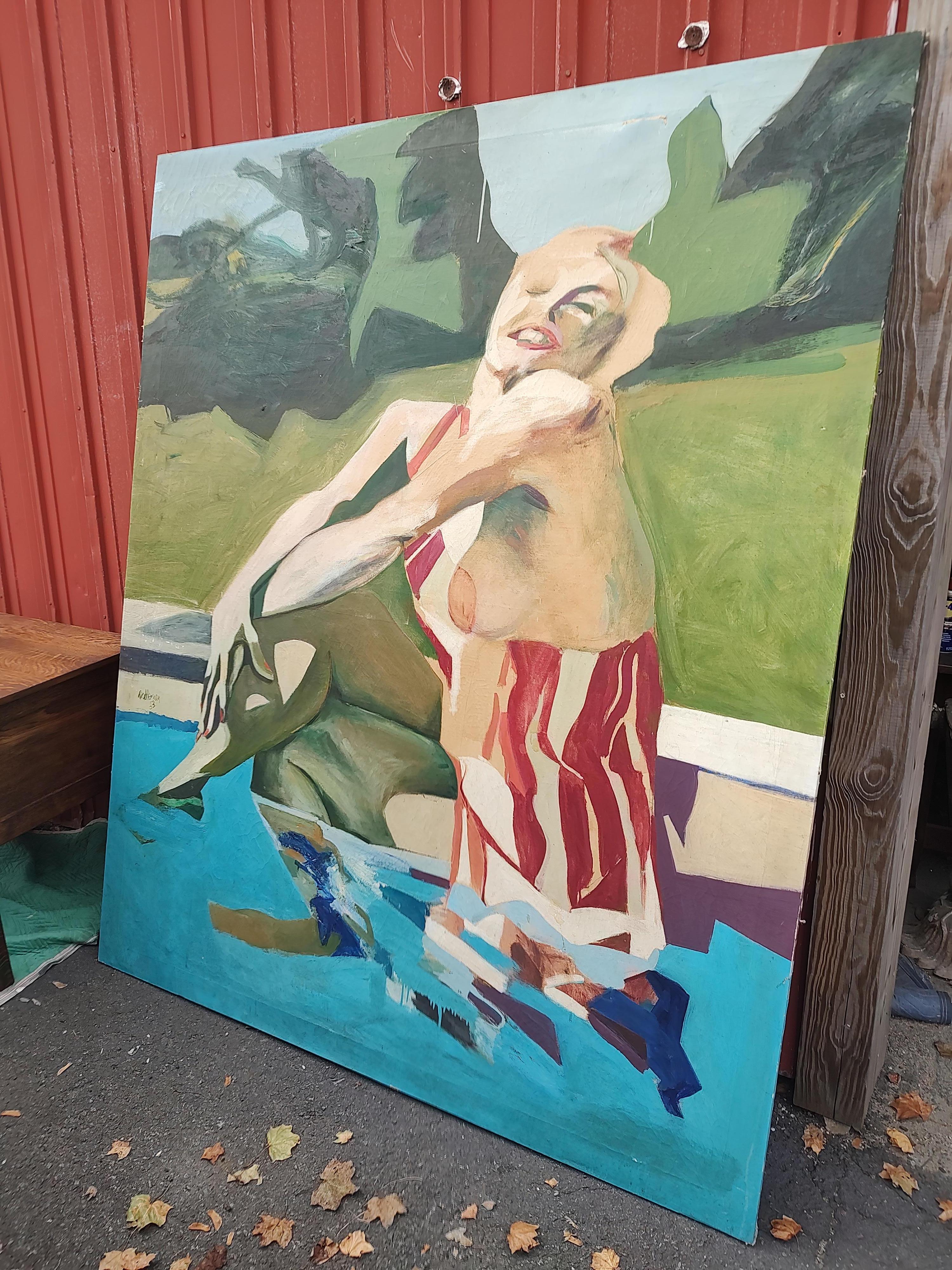 Canvas Large Mid Century Modern Painting of a Marilynesque Figure by the Pool 1963 For Sale