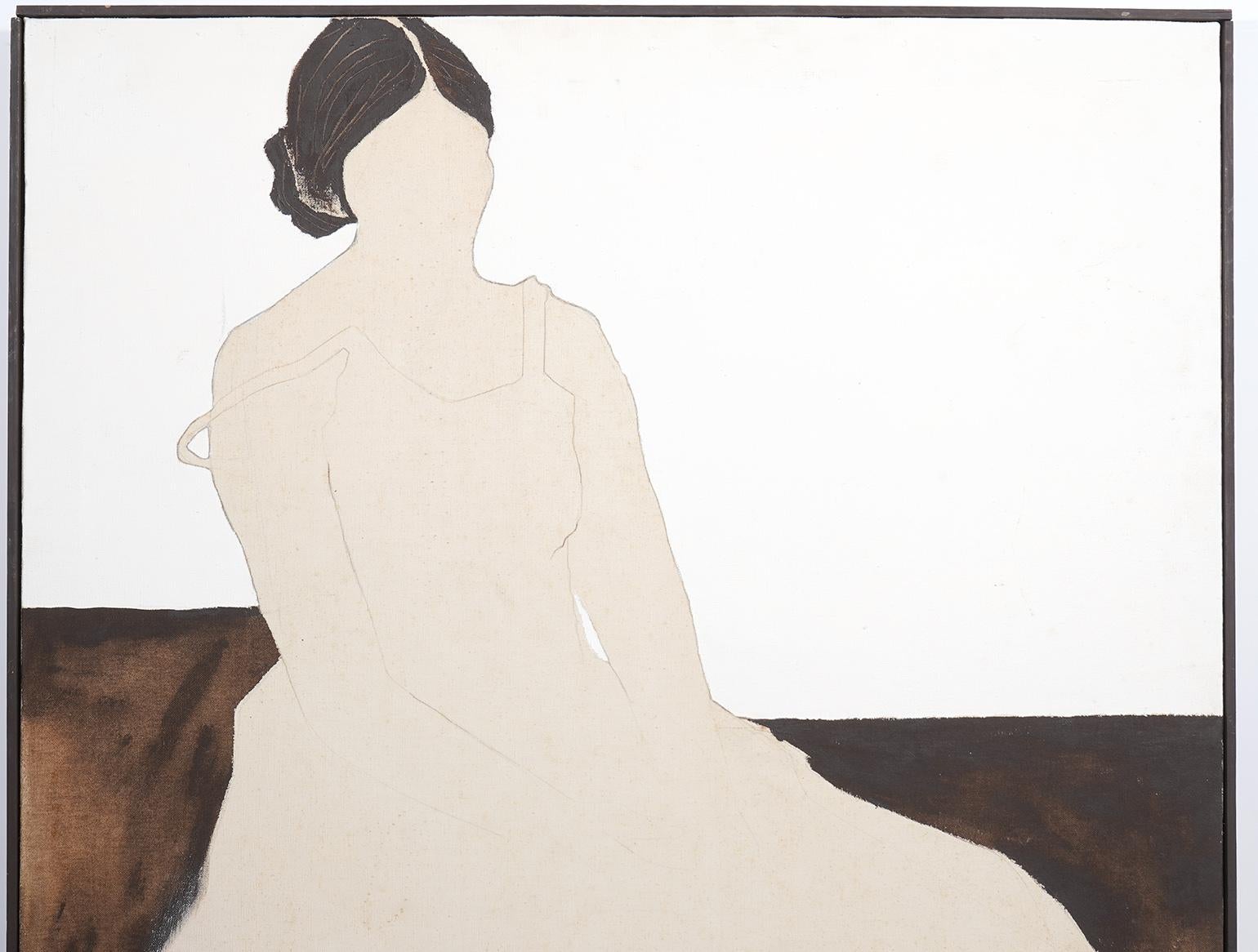 This is a very subtle rendering of a seated beautiful young woman with dark hair wearing a summer dress. It is Minimalist in its character but the viewer adds details in the mind to complete and understand everything.