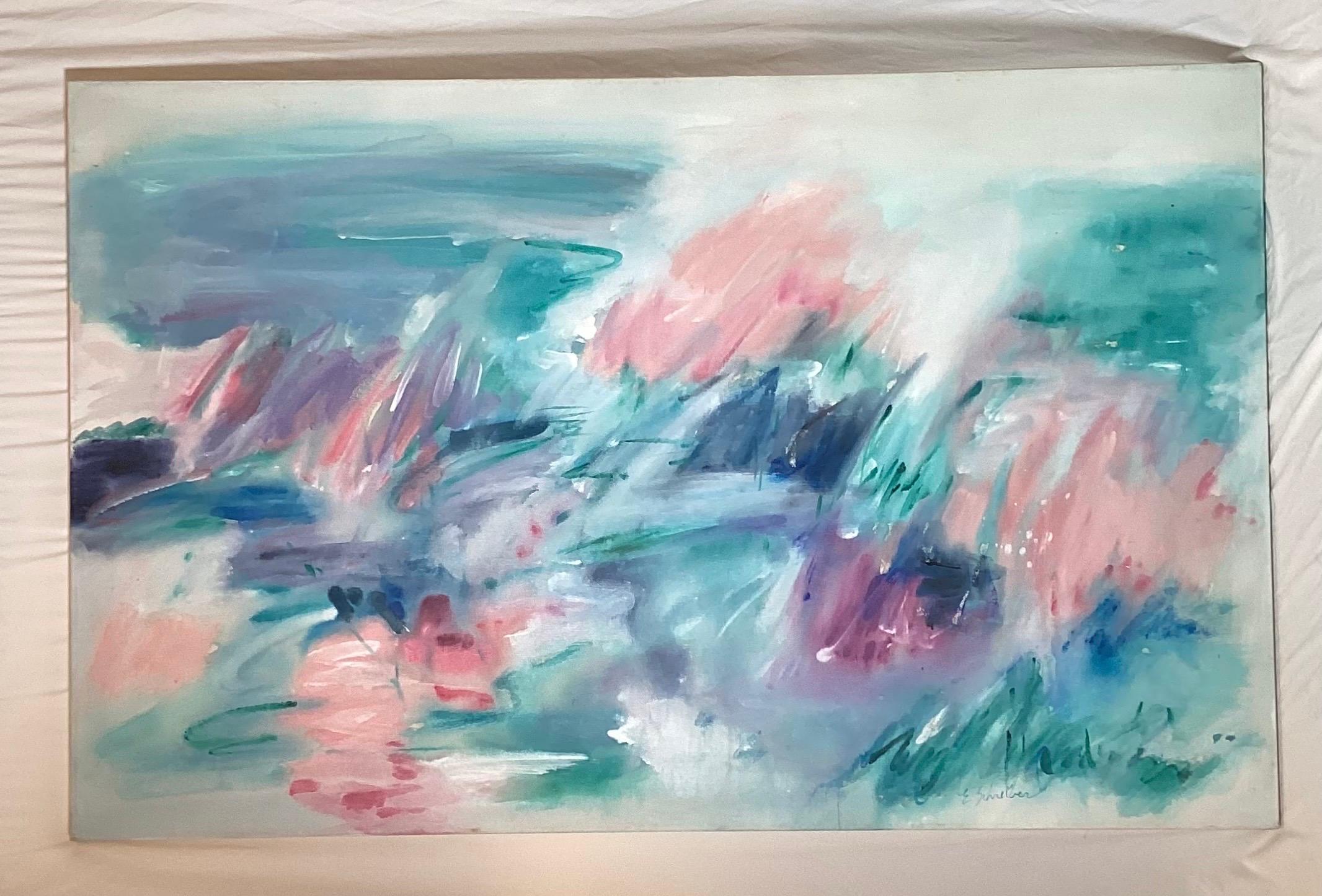 Große Mitte des Jahrhunderts Moderne abstrakte Acrylgemälde auf Leinwand
Seerosenteich
Ungerahmt
Signiert unten rechts, betitelt auf der Rückseite
Nachlass des Künstlers
Siehe Bio auf dem Bild unten