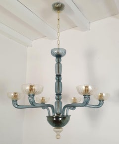 Large Mid-Century Modern Petrol Blue-Gold Murano Glass Chandelier-Venini Style