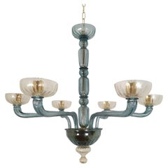 Large Mid-Century Modern Petrol Blue-Gold Murano Glass Chandelier-Venini Style