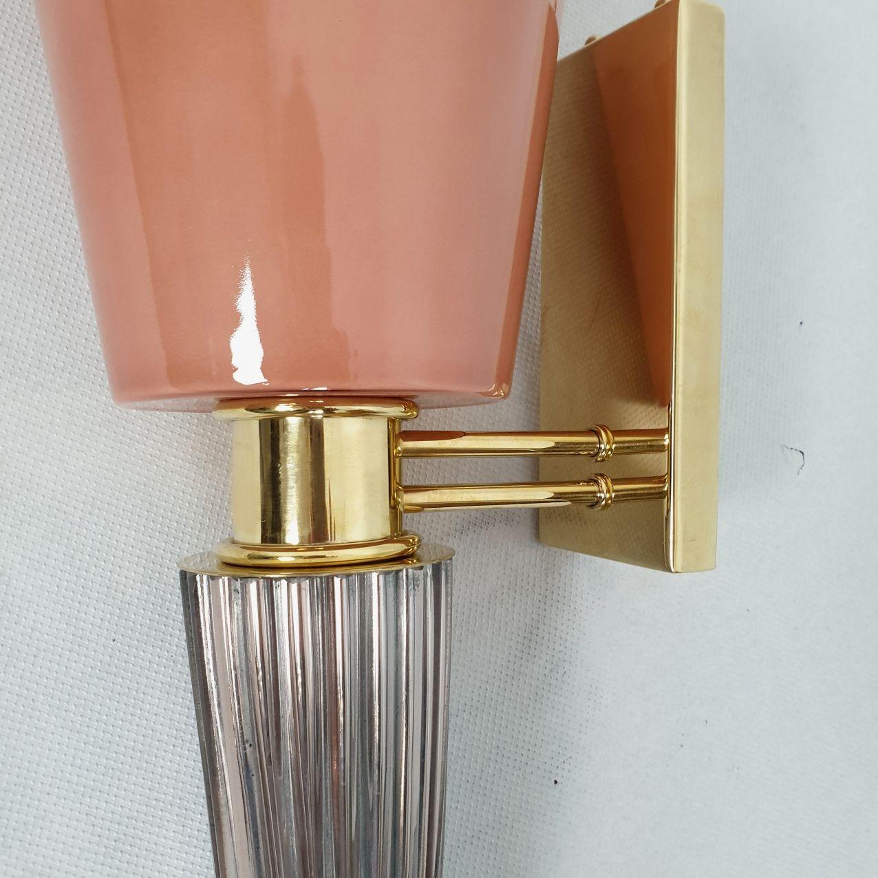 Brass Pink Murano glass sconces Italy - a pair For Sale