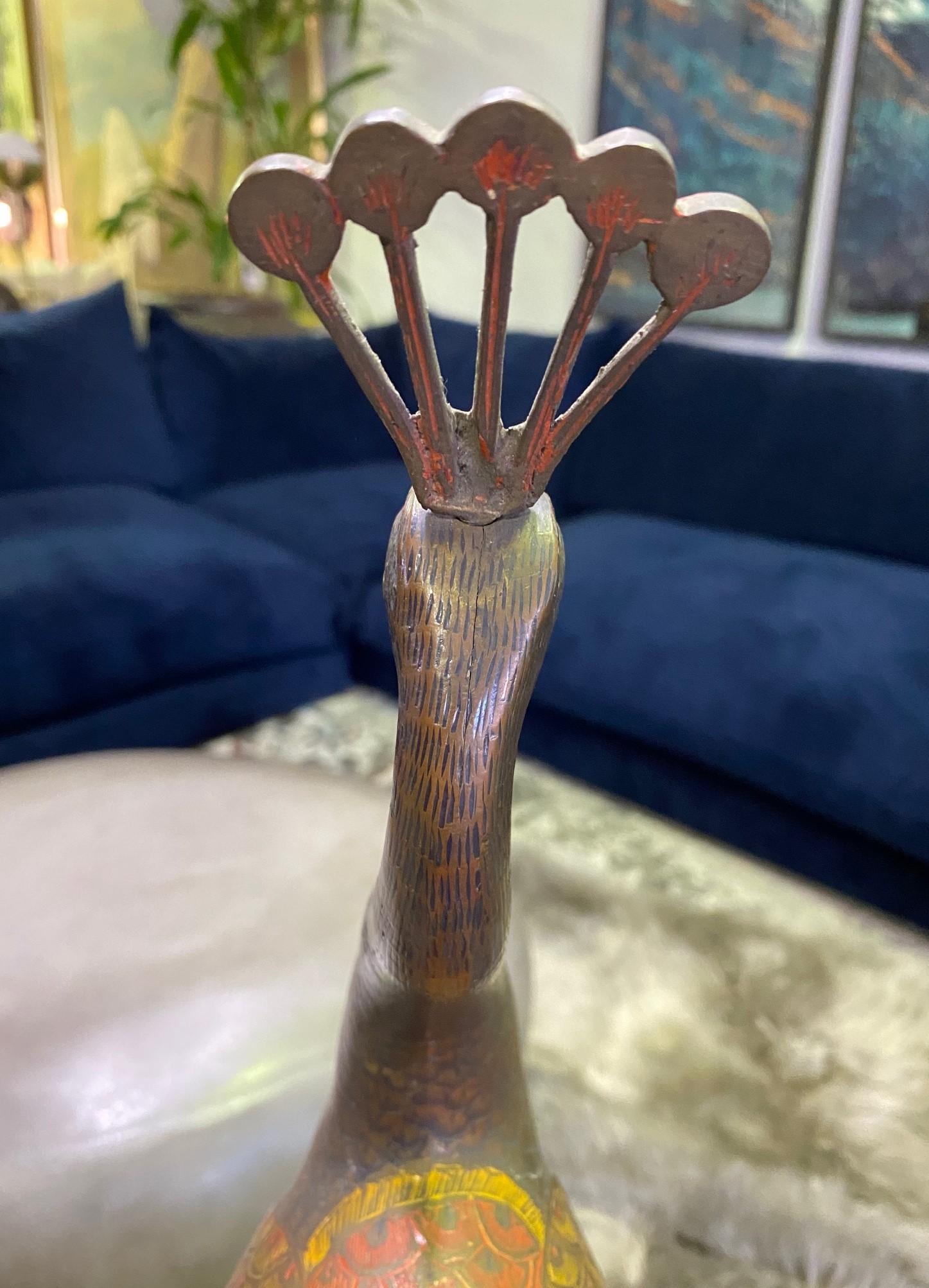 Large Mid-Century Modern Polychrome Engraved Heavy Brass Peacock Sculpture 7
