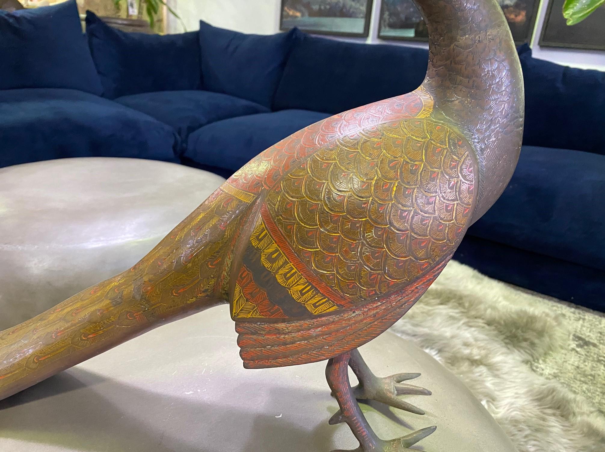 Large Mid-Century Modern Polychrome Engraved Heavy Brass Peacock Sculpture In Good Condition In Studio City, CA