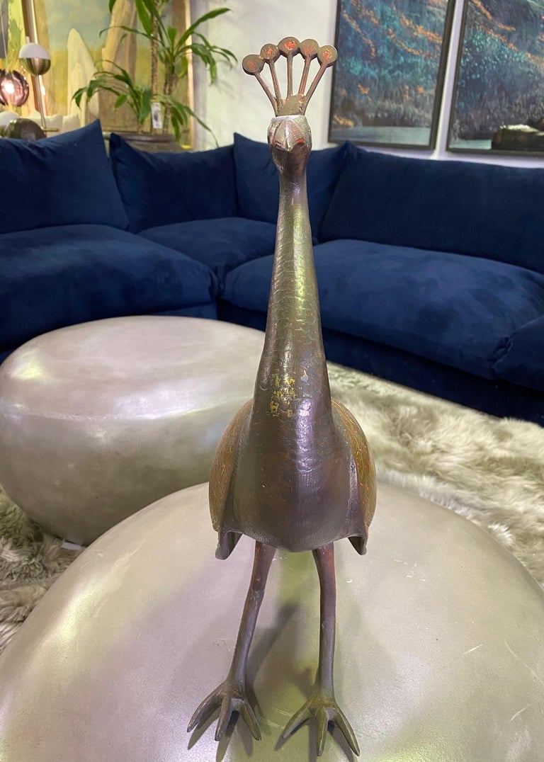 Large MidCentury Modern Polychrome Engraved Heavy Brass Peacock