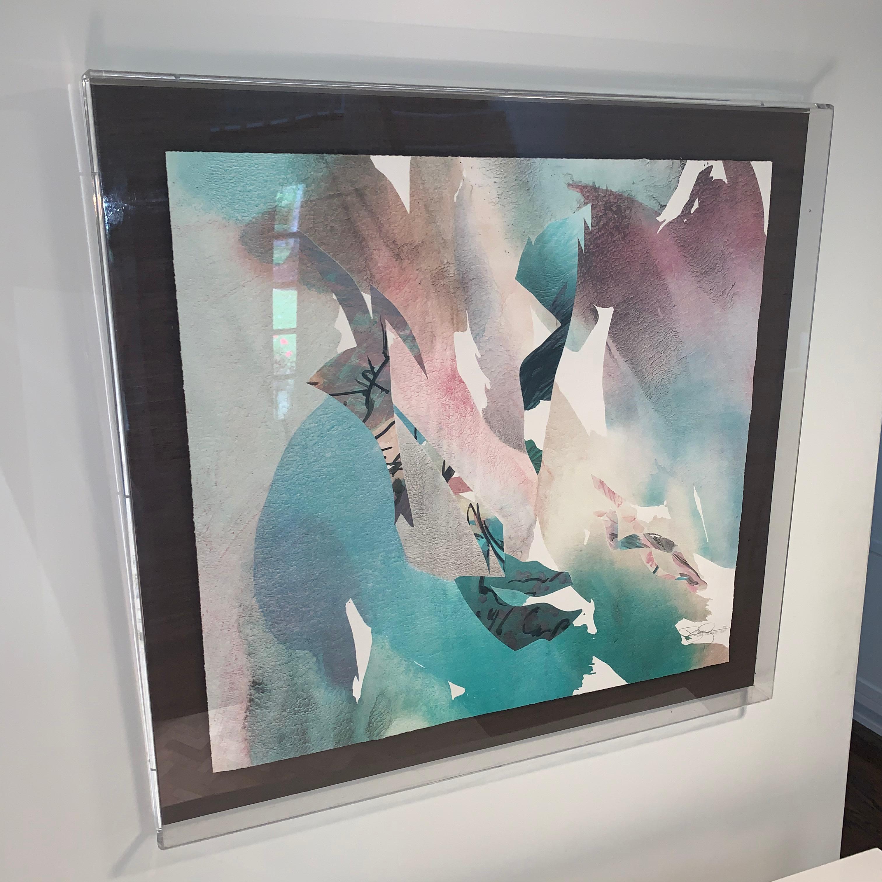 Large Mid-Century Modern Print in Lucite Shadow Box Frame, 