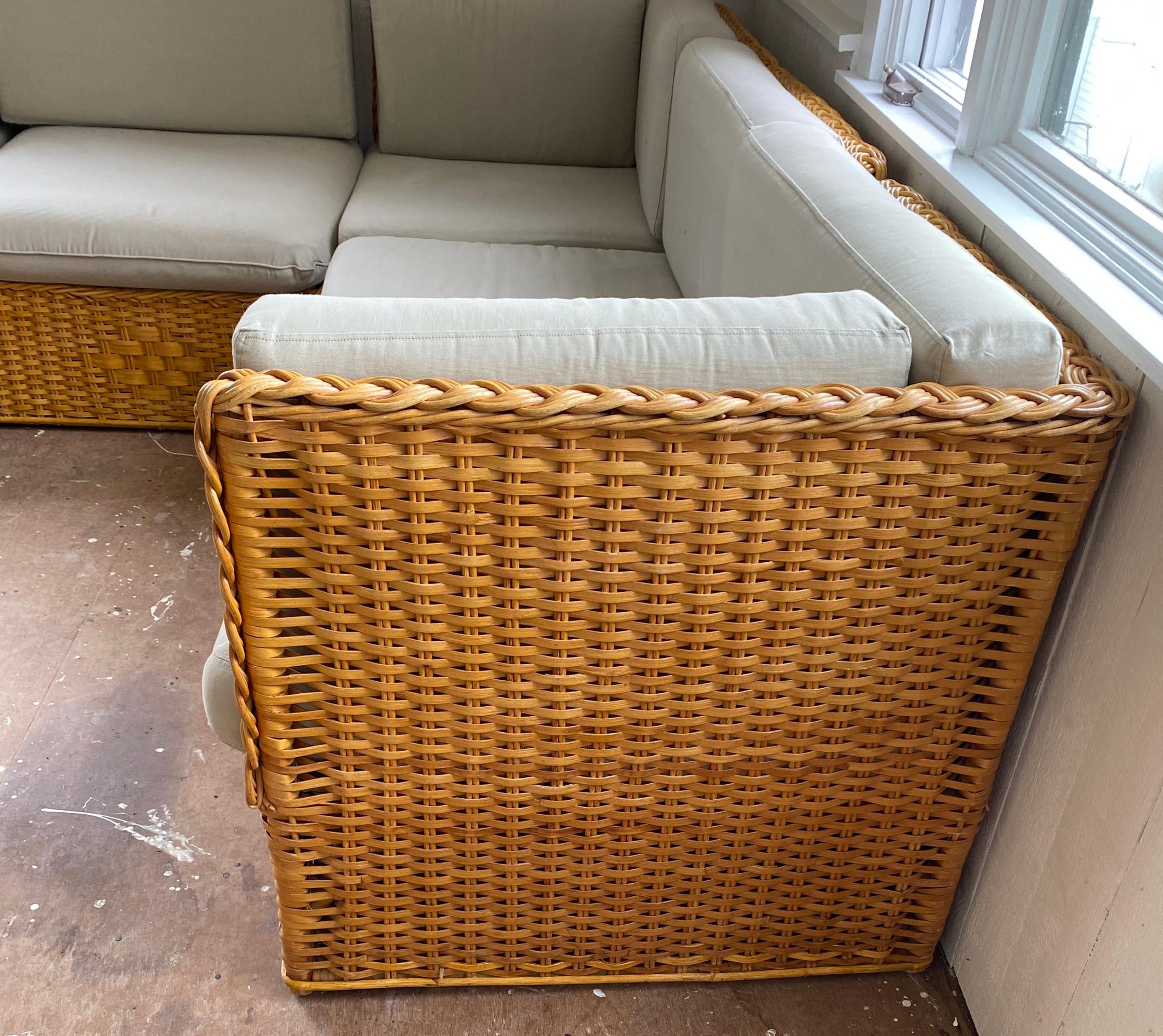 Hand-Woven Large Mid-Century Modern Rattan Sectional or Sofas For Sale