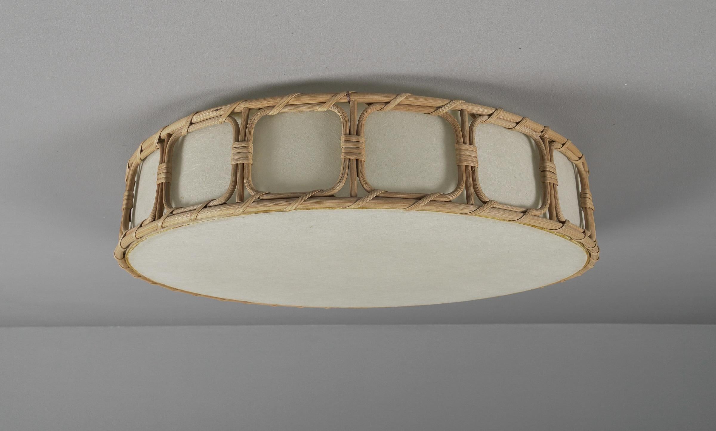 Large Mid-Century Modern Rattan Wicker Semi Flushmount, Italy 1960s at ...