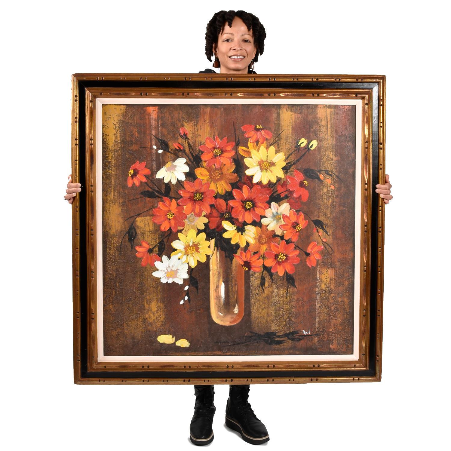 Large scale Mid-Century Modern floral still life housed in gilded frame. The vintage painting dates from the 1950s-1960s. Typically we see earth tones from this period and style of art. Deep crimson red and canary yellow hues ignite this painting.