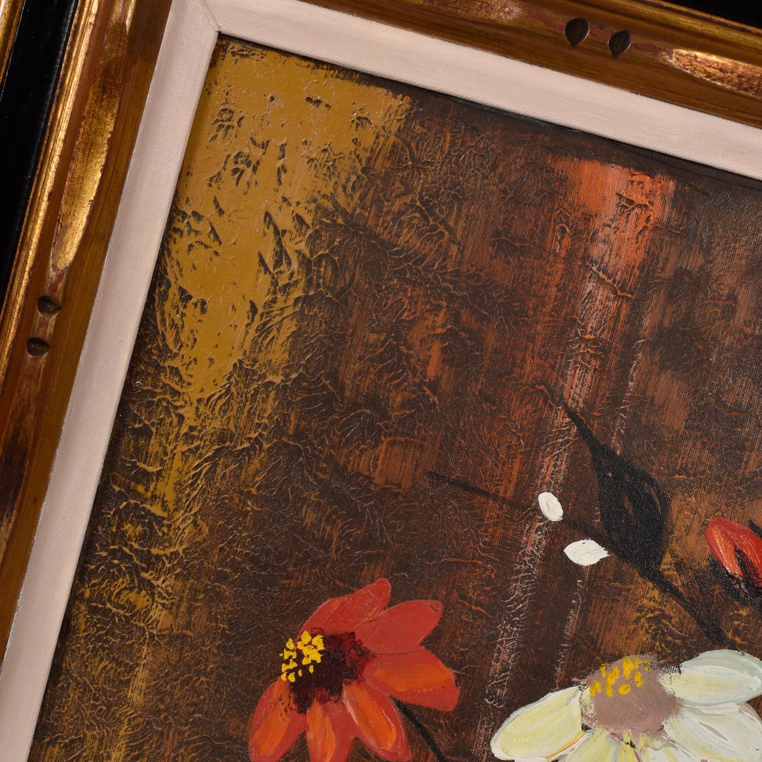 Wood Large Mid-Century Modern Red and Yellow Floral Still Life Painting Gilded Frame For Sale