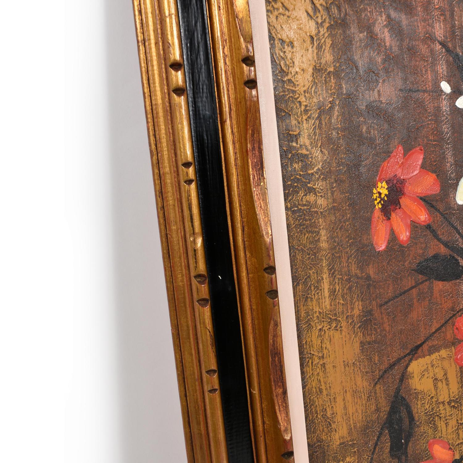 Grande peinture de nature morte florale rouge et jaune, moderne du milieu du siècle, cadre doré en vente 2