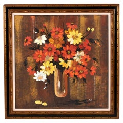 Grande peinture de nature morte florale rouge et jaune, moderne du milieu du siècle, cadre doré
