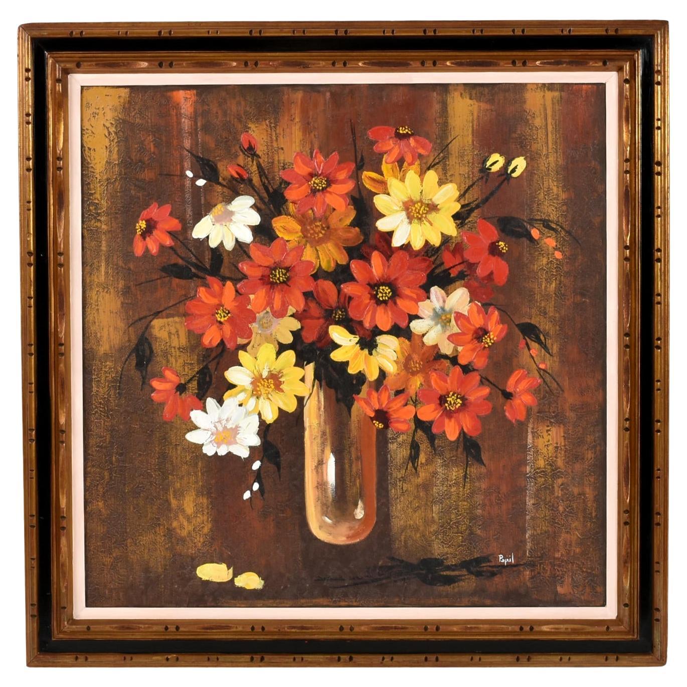 Large Mid-Century Modern Red and Yellow Floral Still Life Painting Gilded Frame