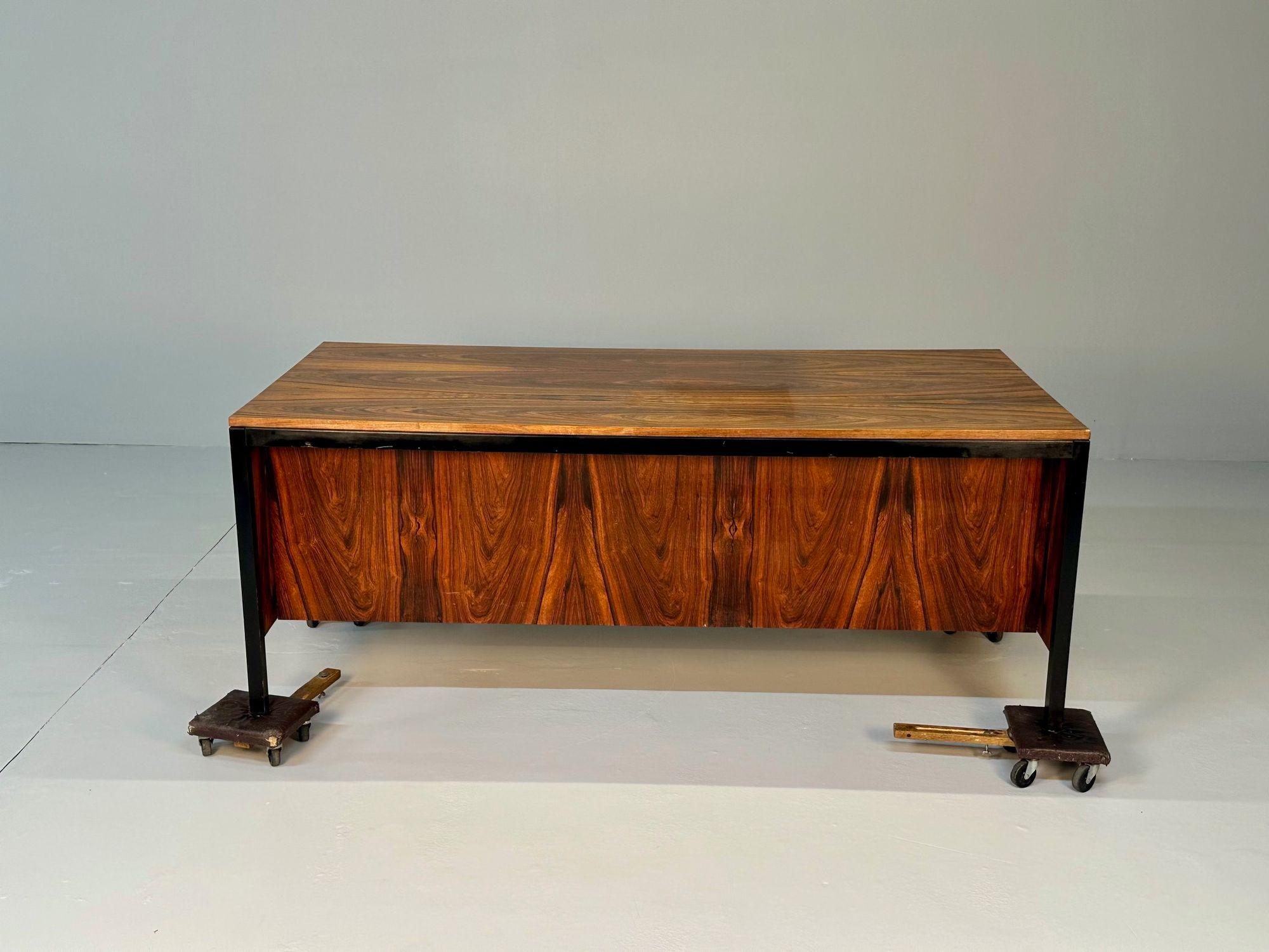 Milo Baughman Style, Modern, Large Desk, Rosewood, Black Metal, Canada, 2000s In Good Condition In Stamford, CT