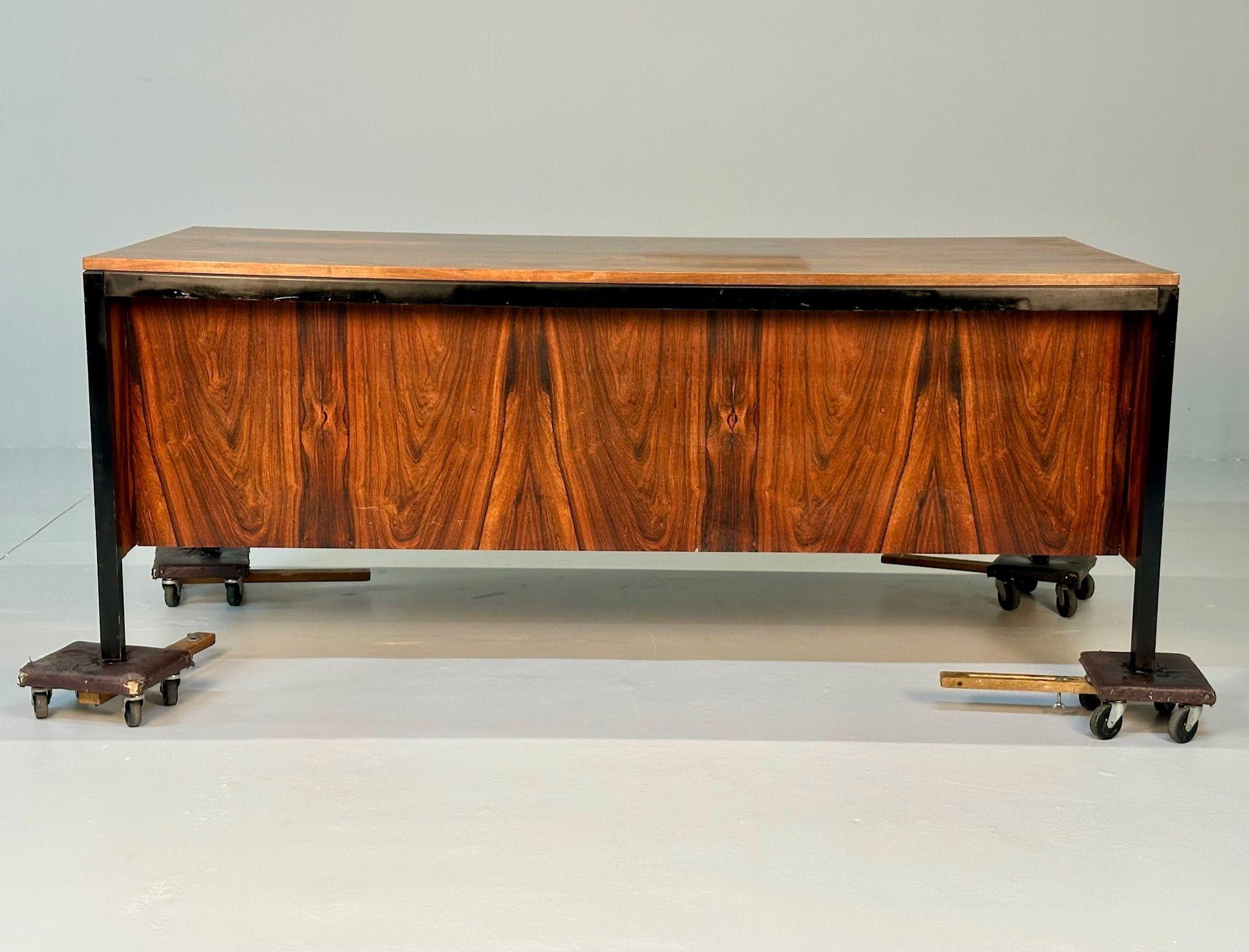 Contemporary Milo Baughman Style, Modern, Large Desk, Rosewood, Black Metal, Canada, 2000s