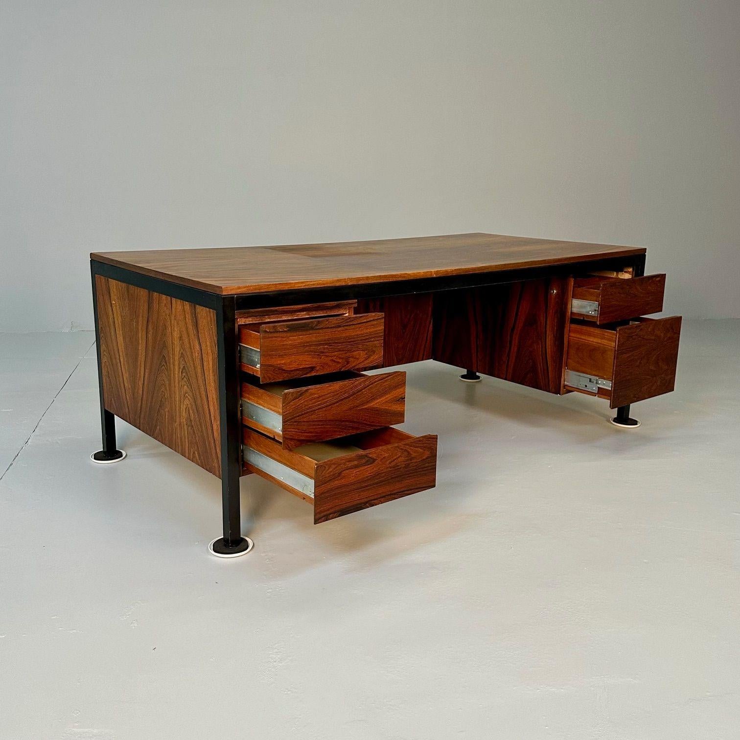 Milo Baughman Style, Modern, Large Desk, Rosewood, Black Metal, Canada, 2000s 2