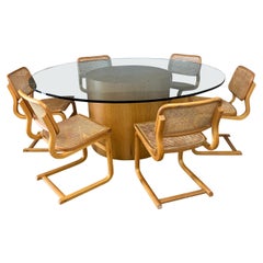 Large Mid Century Modern Round Glass Dining Table, Oak