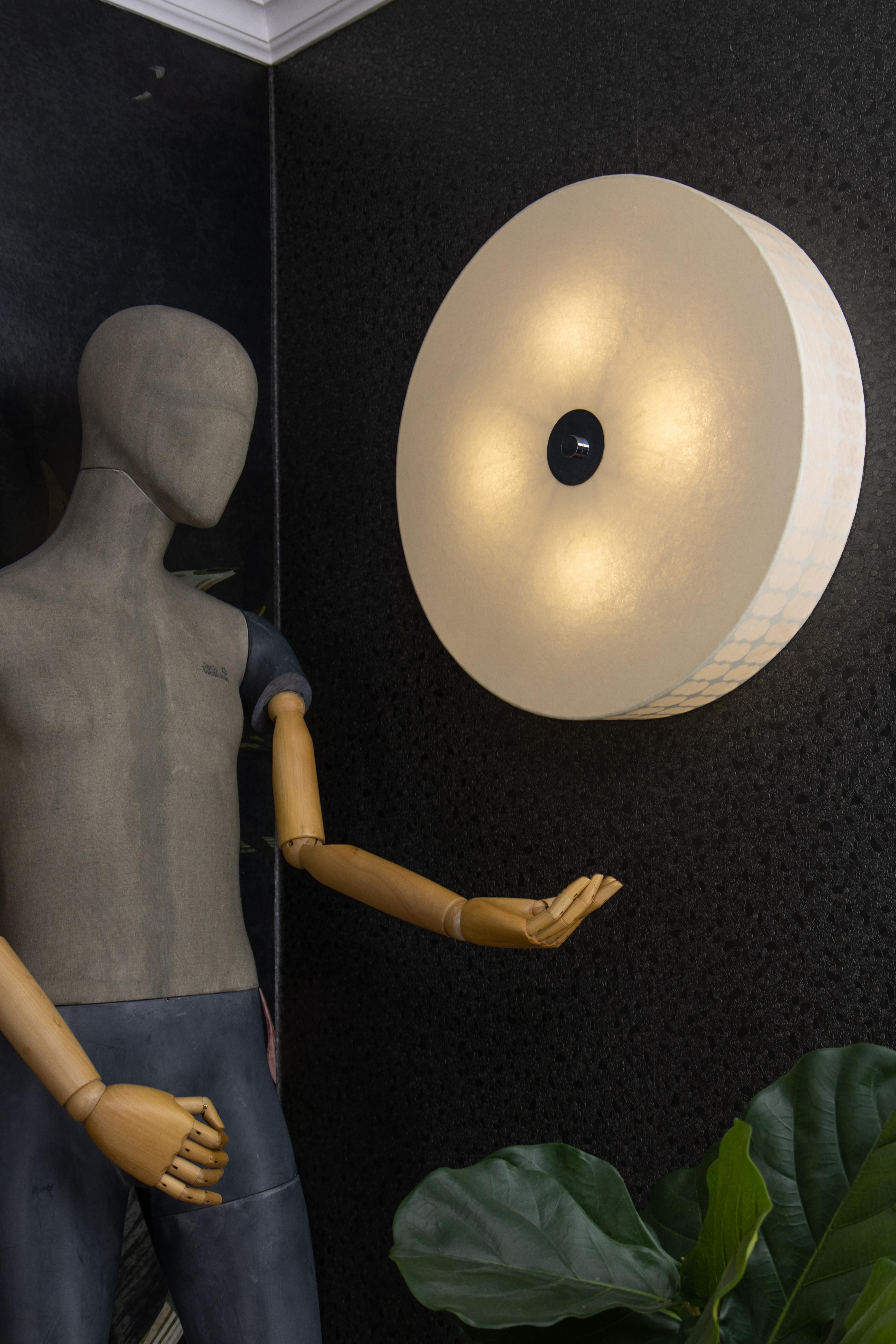 Metal Large Mid-Century Modern Round White Cocoon Flush Mount or Wall Lamp by Goldkant For Sale
