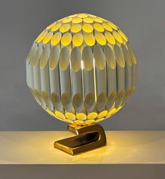 Large Mid-Century Modern Ruche Brass & Beige Ball Table Lamp after Michel Armand
