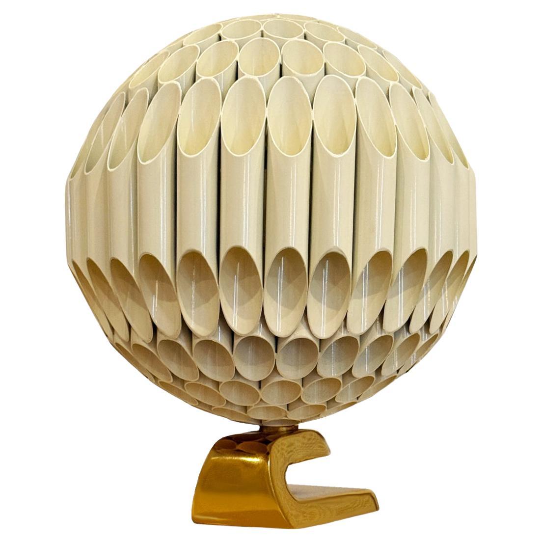 Large Mid-Century Modern Ruche Brass & Beige Ball Table Lamp after Michel Armand For Sale