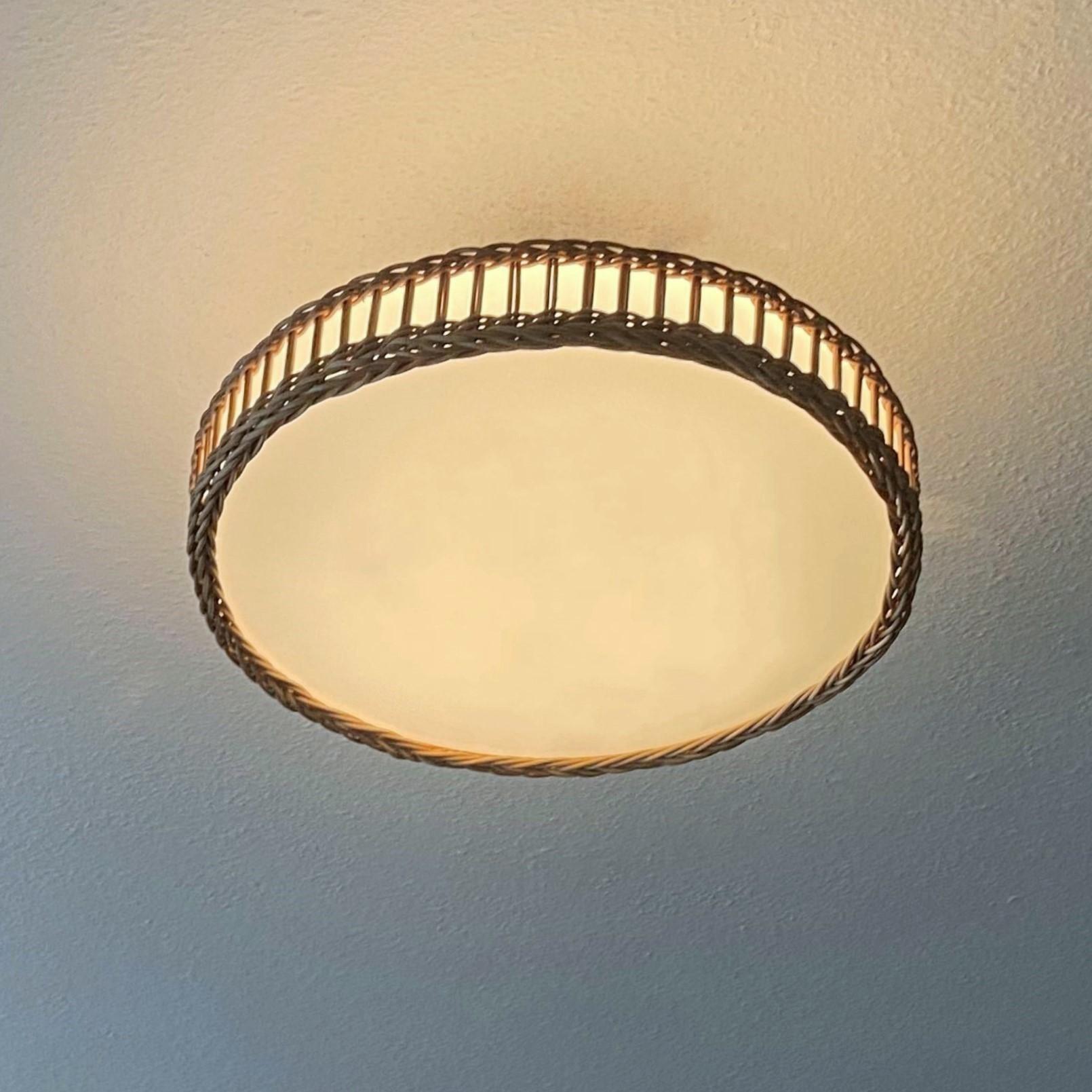 Large Mid-Century Modern Scandinavian Wicker Woven Milk Glass Flush Mount, 1960s 6