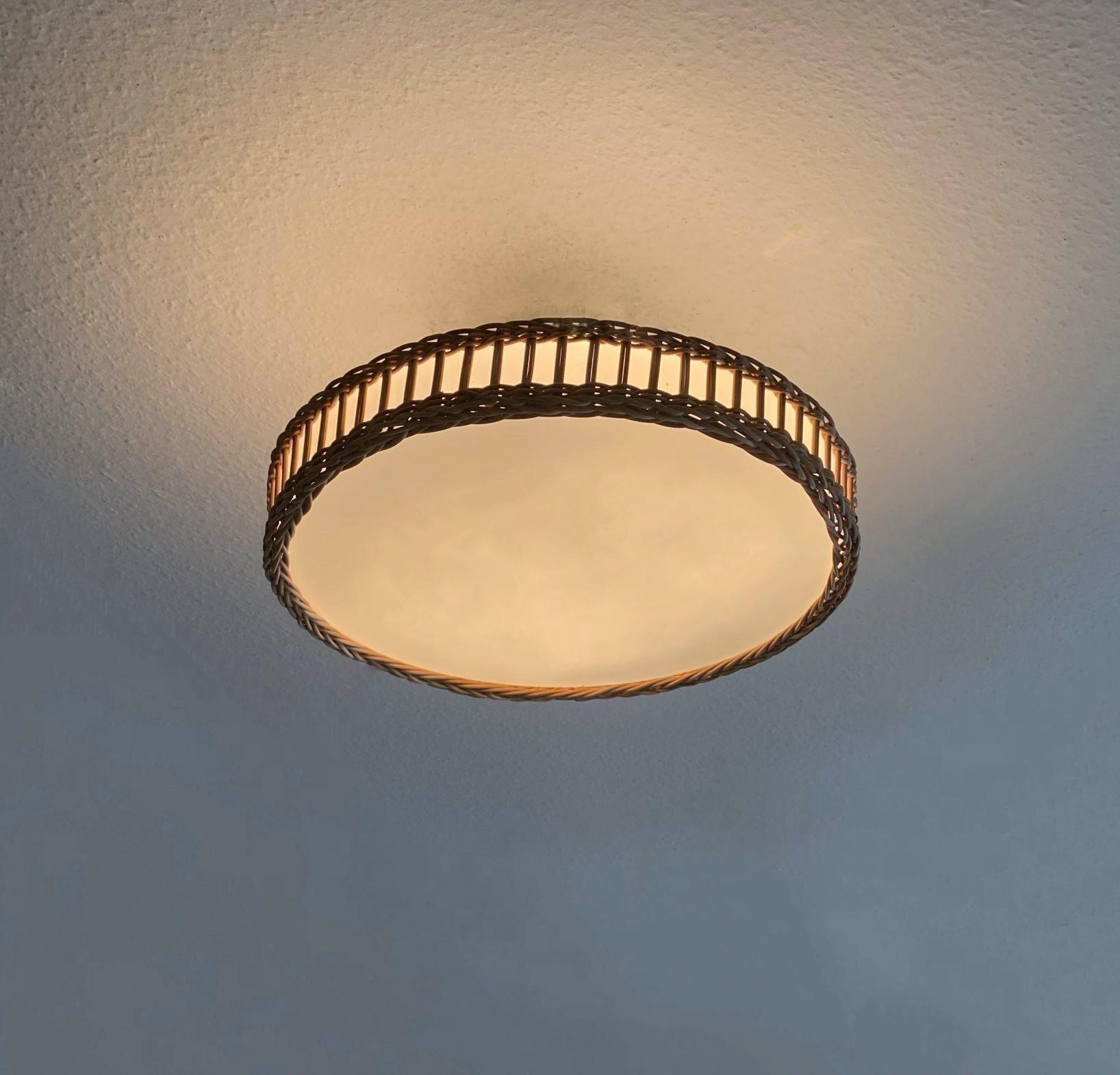 Large Mid-Century Modern Scandinavian Wicker Woven Milk Glass Flush Mount, 1960s 7