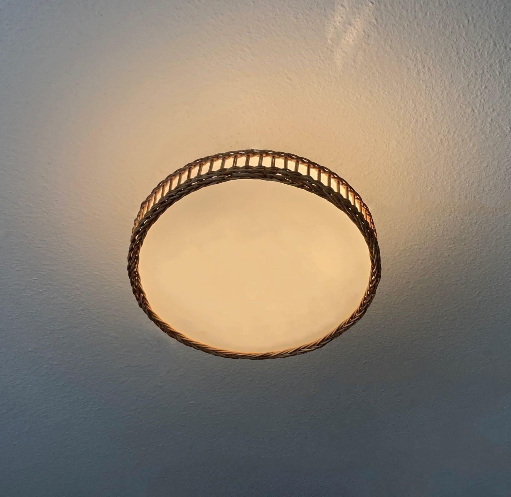 Large Mid-Century Modern Scandinavian Wicker Woven Milk Glass Flush Mount, 1960s 8