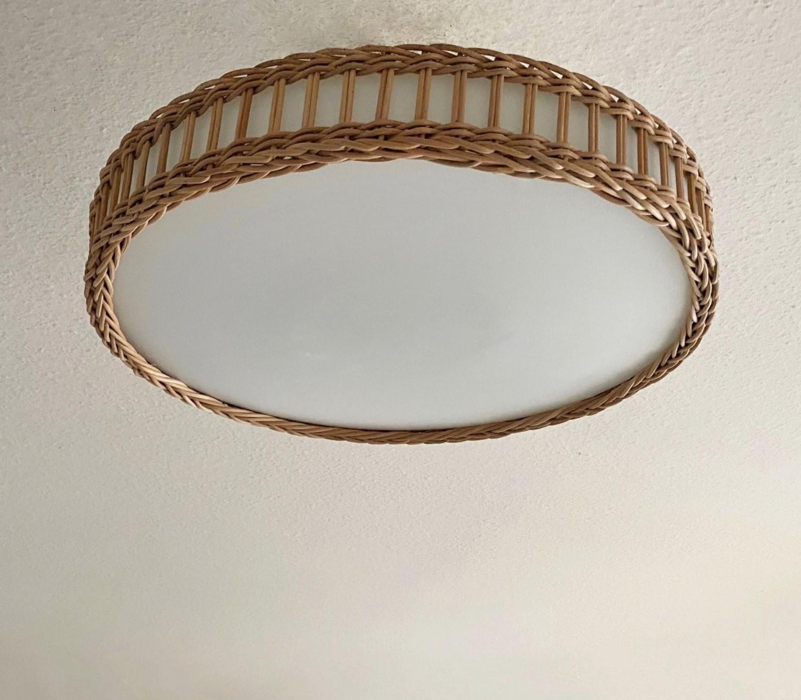 Large Mid-Century Modern Scandinavian Wicker Woven Milk Glass Flush Mount, 1960s In Good Condition In Frankfurt am Main, DE