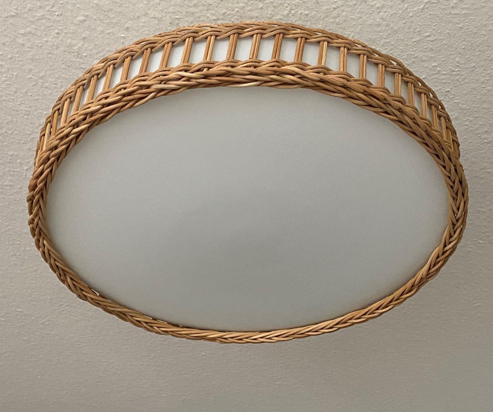 20th Century Large Mid-Century Modern Scandinavian Wicker Woven Milk Glass Flush Mount, 1960s