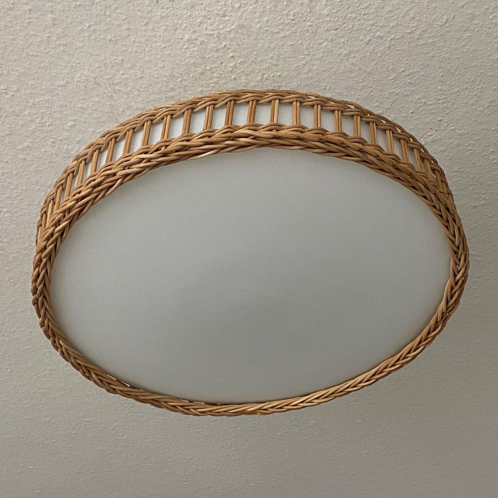 Large Mid-Century Modern Scandinavian Wicker Woven Milk Glass Flush Mount, 1960s 1
