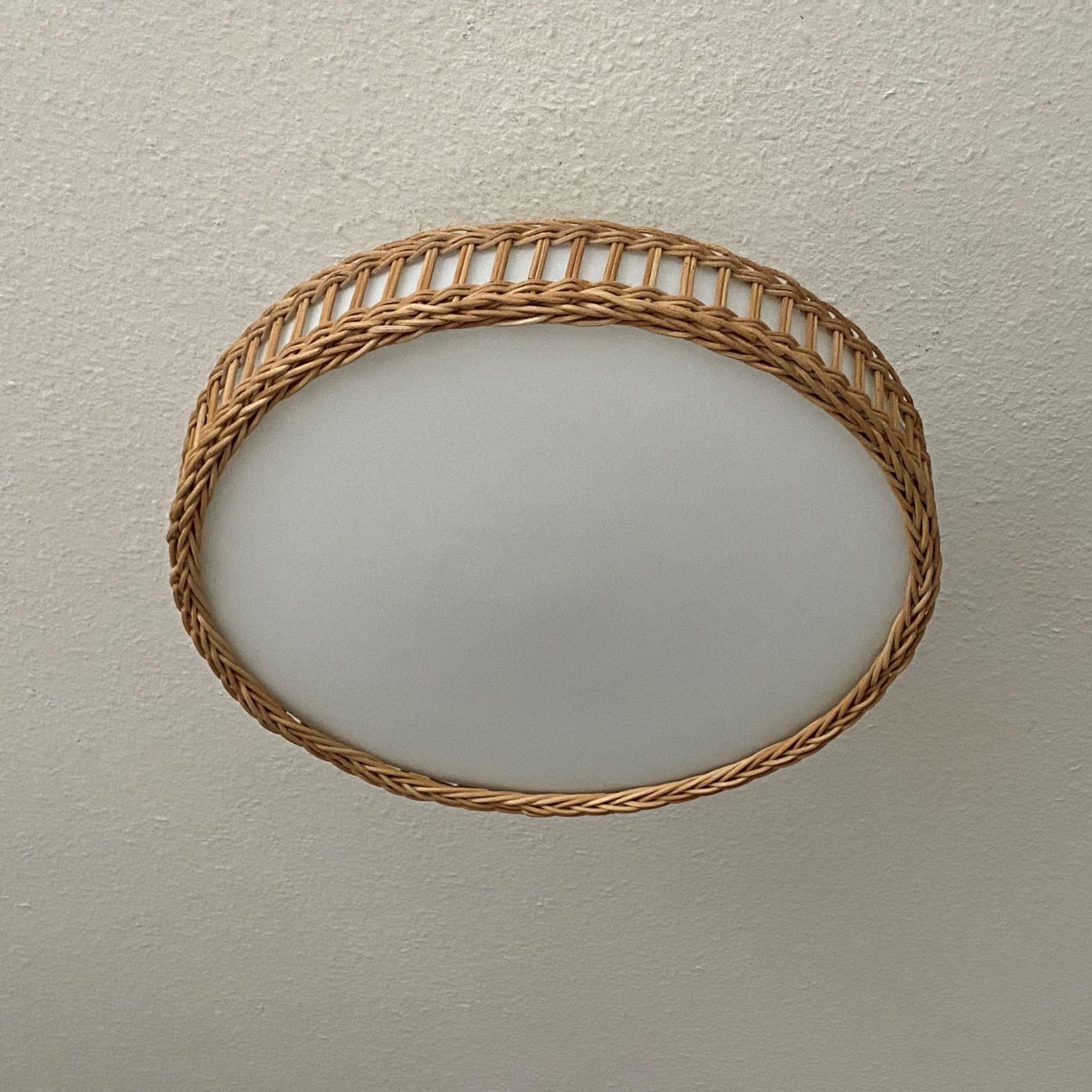 Large Mid-Century Modern Scandinavian Wicker Woven Milk Glass Flush Mount, 1960s 2