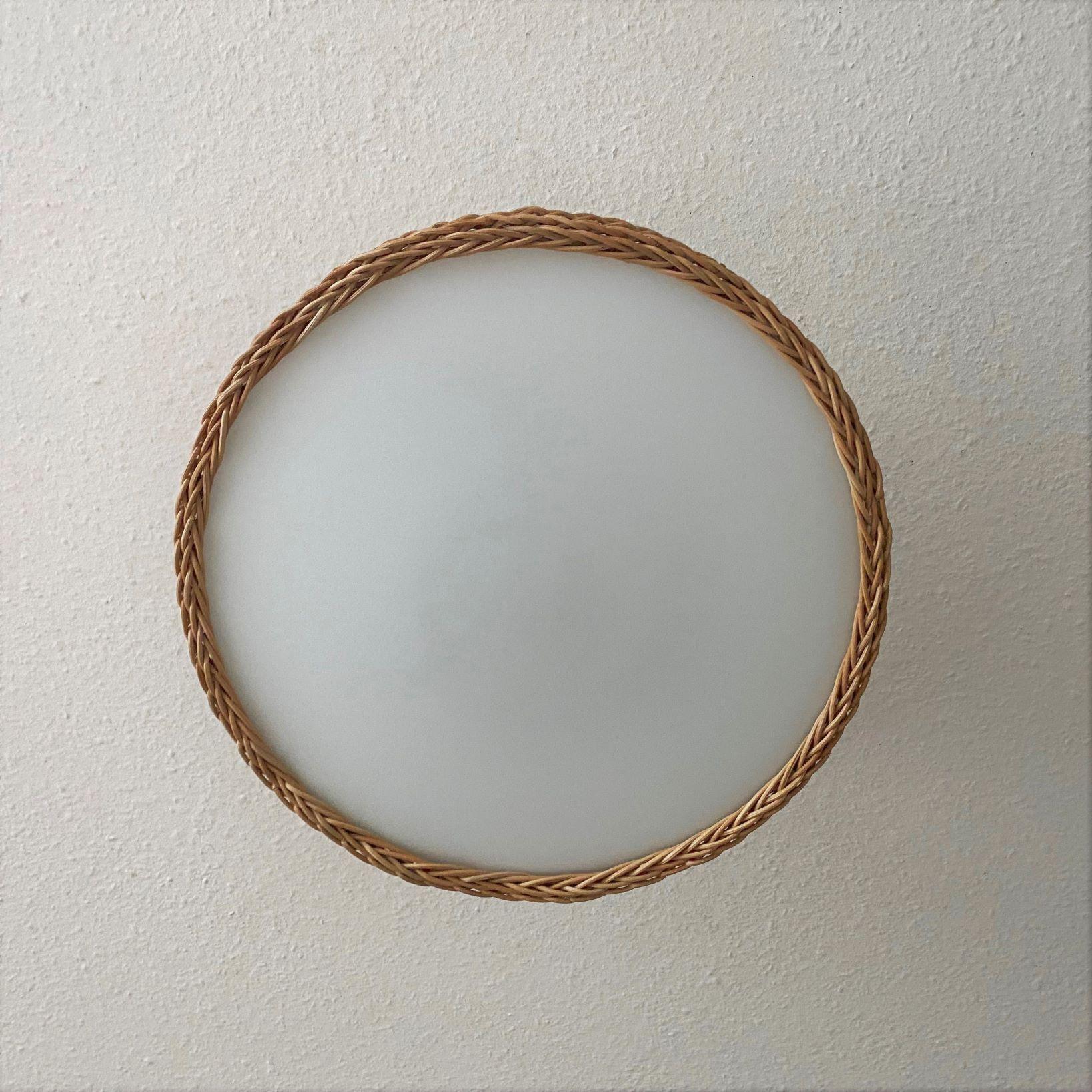 Large Mid-Century Modern Scandinavian Wicker Woven Milk Glass Flush Mount, 1960s 3