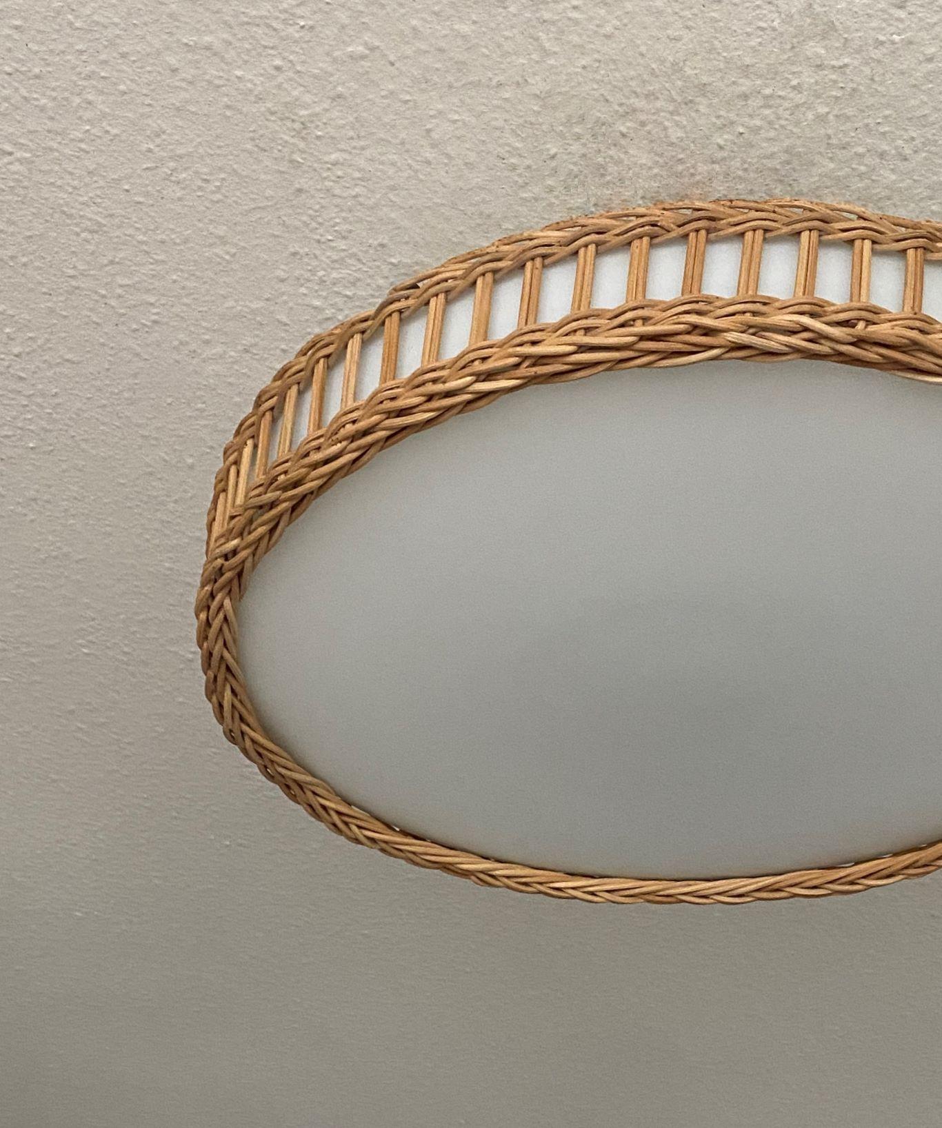 Large Mid-Century Modern Scandinavian Wicker Woven Milk Glass Flush Mount, 1960s 4