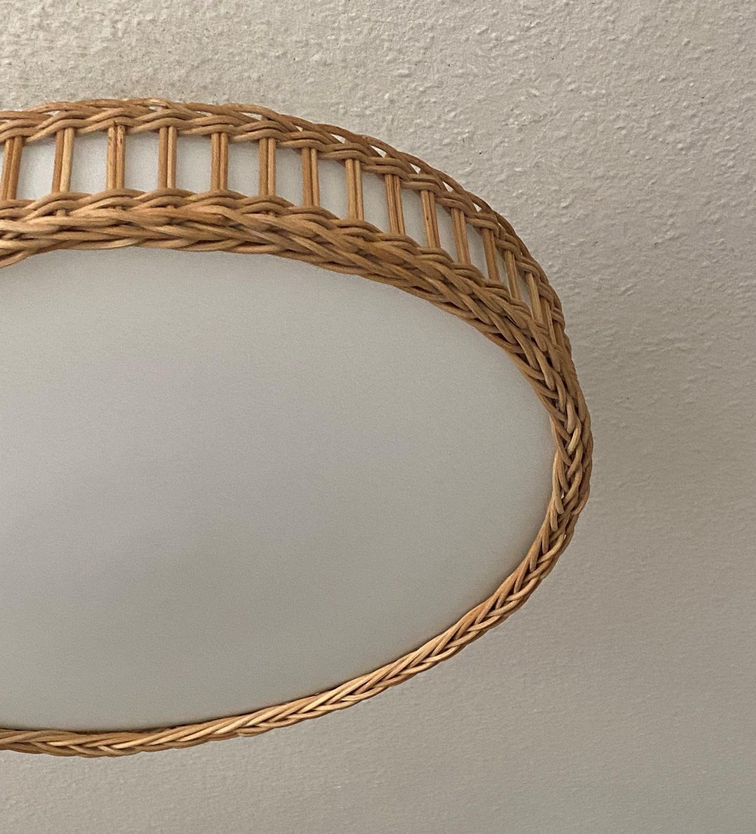 Large Mid-Century Modern Scandinavian Wicker Woven Milk Glass Flush Mount, 1960s 5