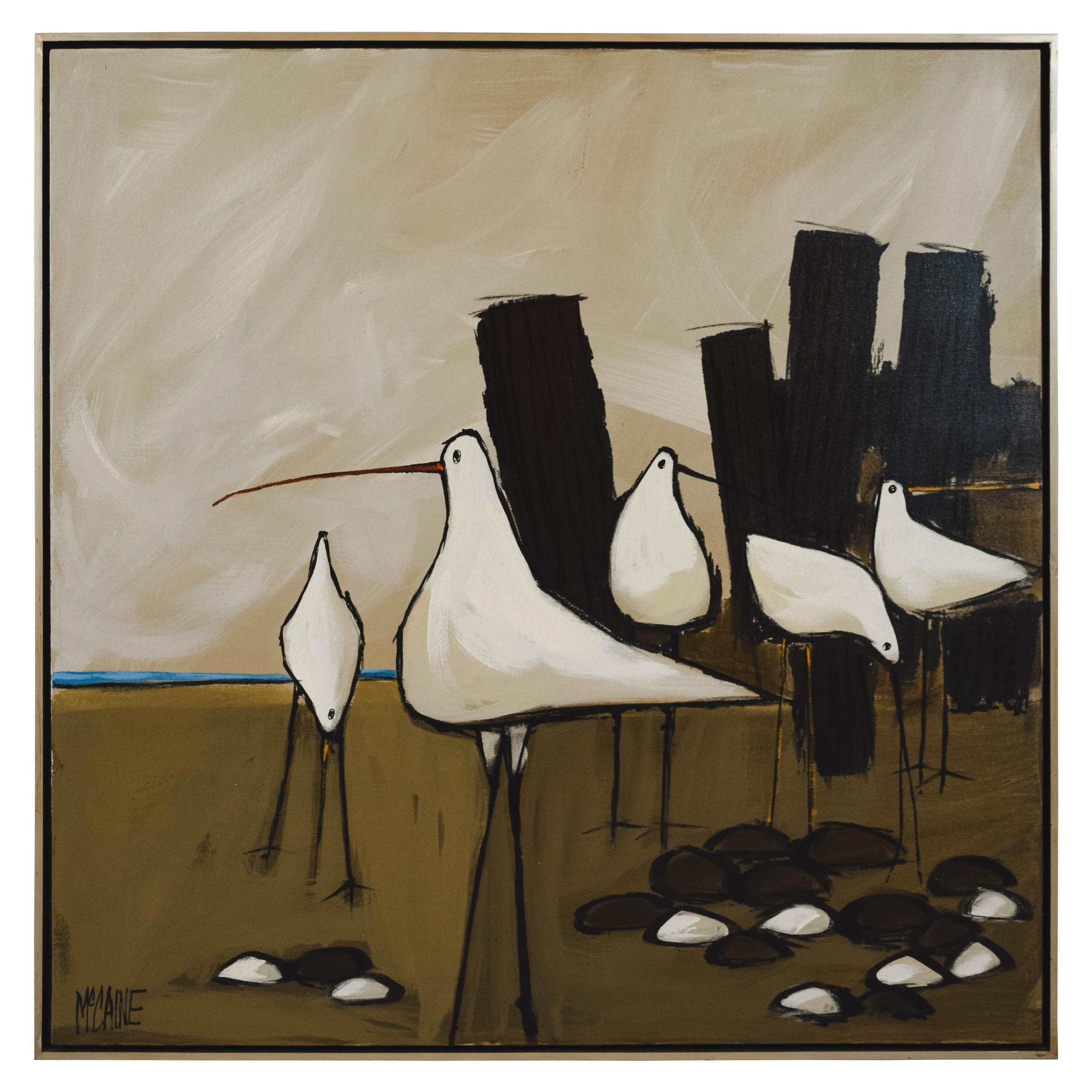 Large Mid-Century Modern Seagulls Oil Painting by McCaine