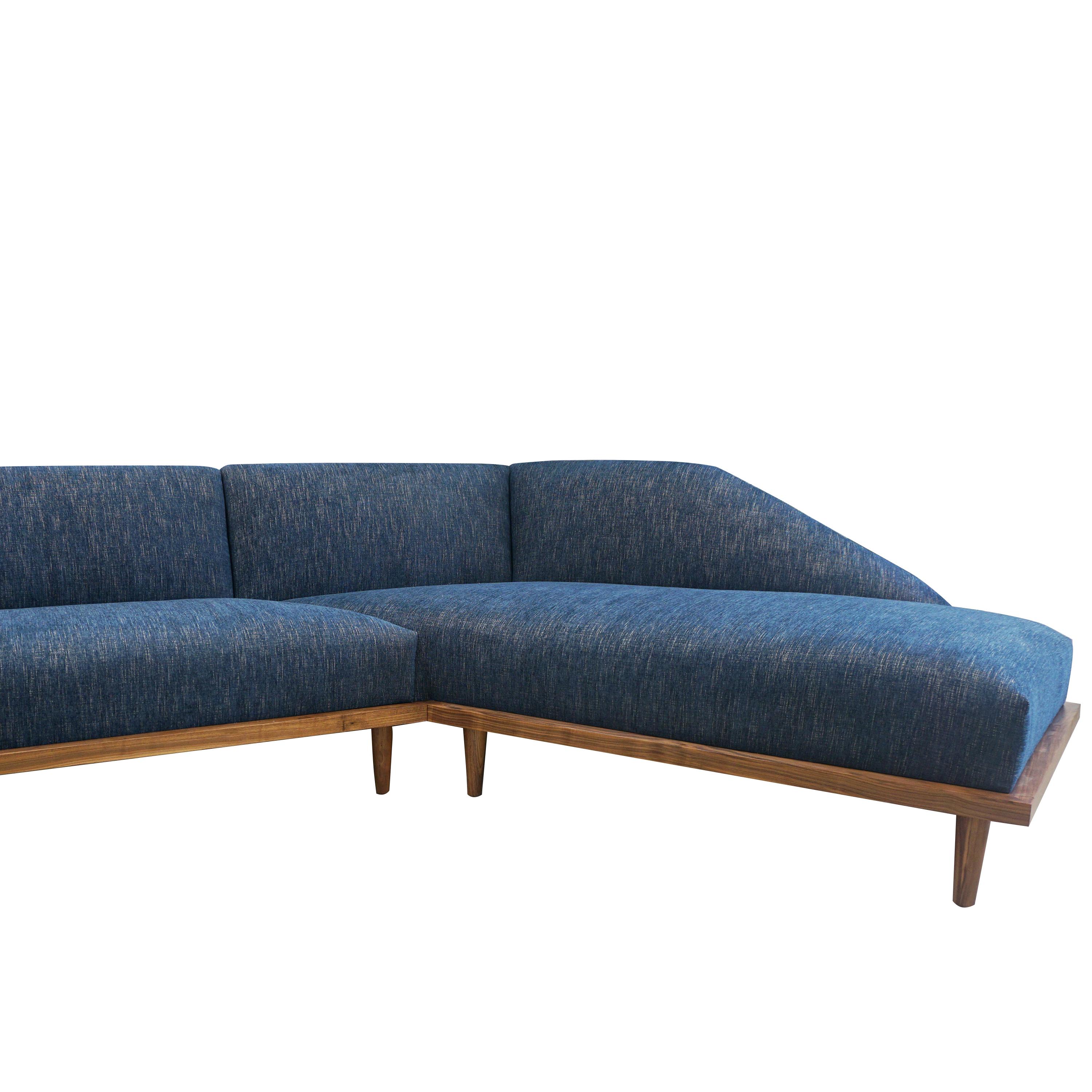 American Large Mid-Century Modern Sectional with Chaise and Walnut Frame For Sale