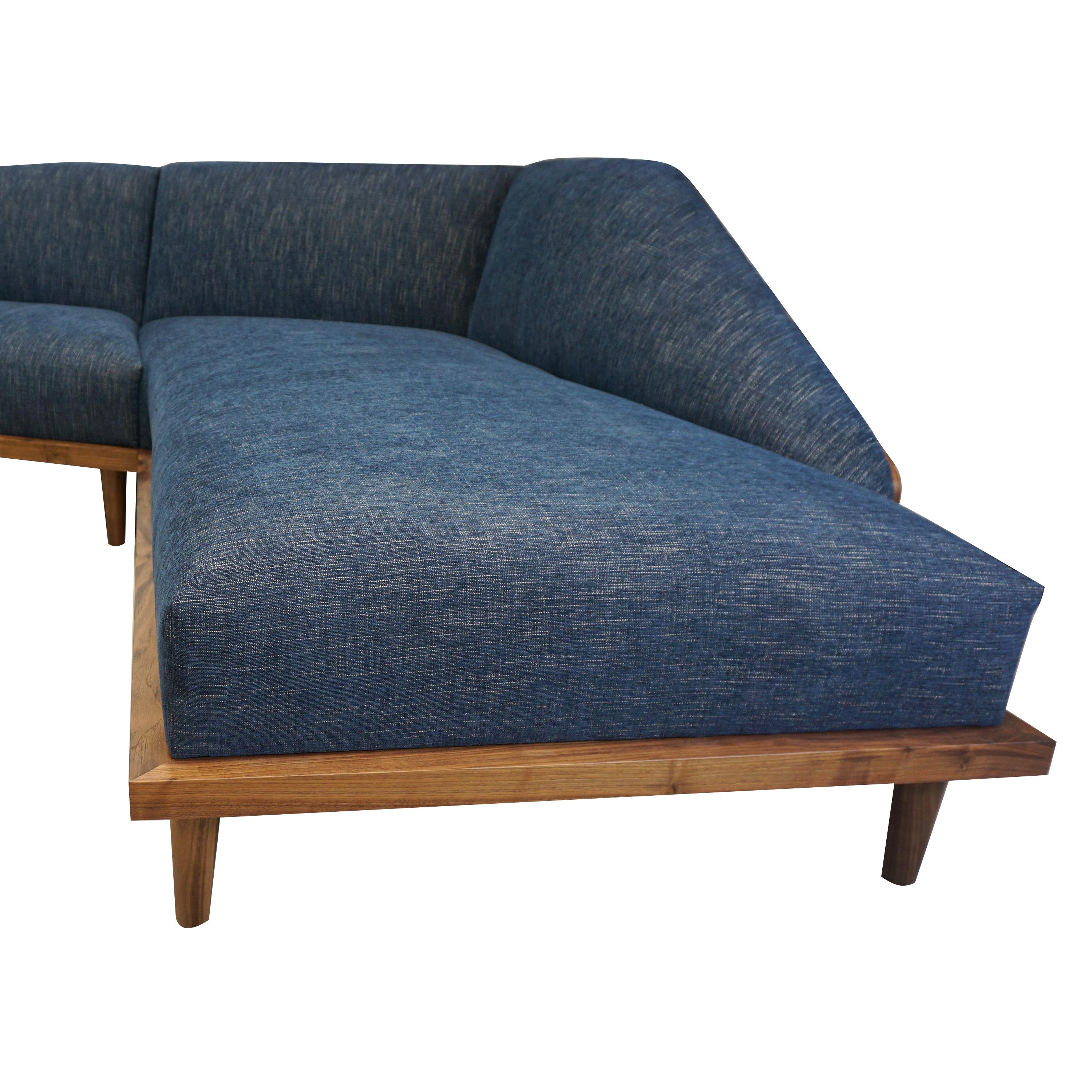 Contemporary Large Mid-Century Modern Sectional with Chaise and Walnut Frame For Sale