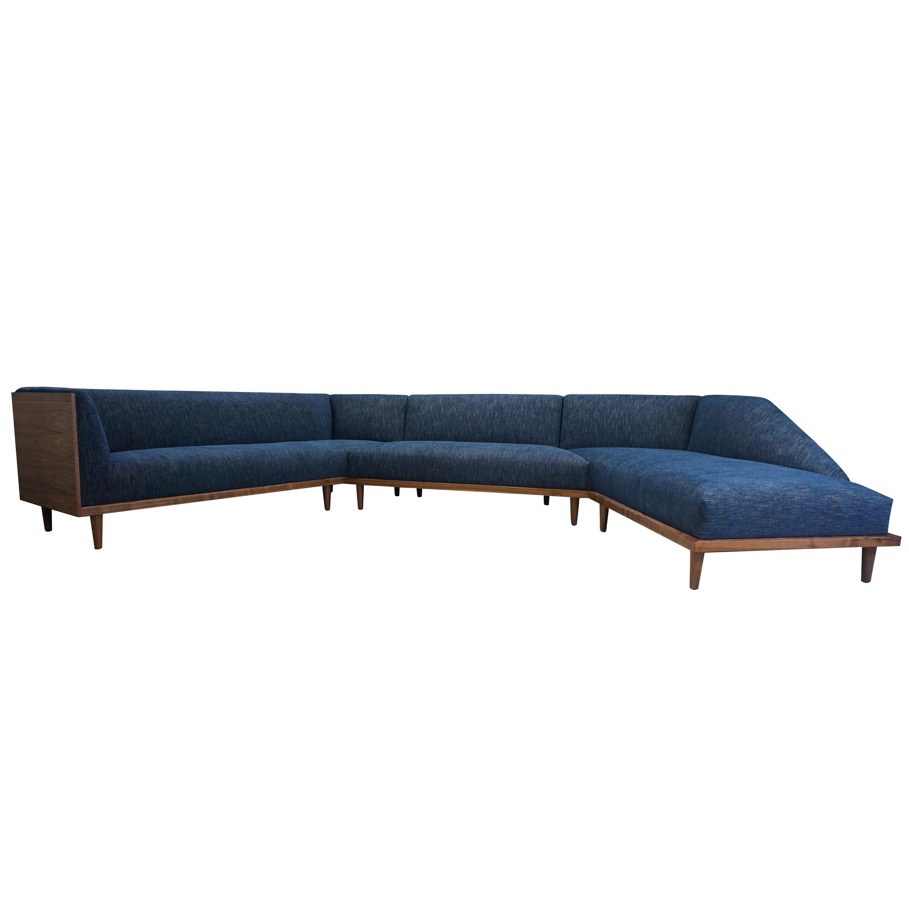 Large Mid-Century Modern Sectional with Chaise and Walnut Frame