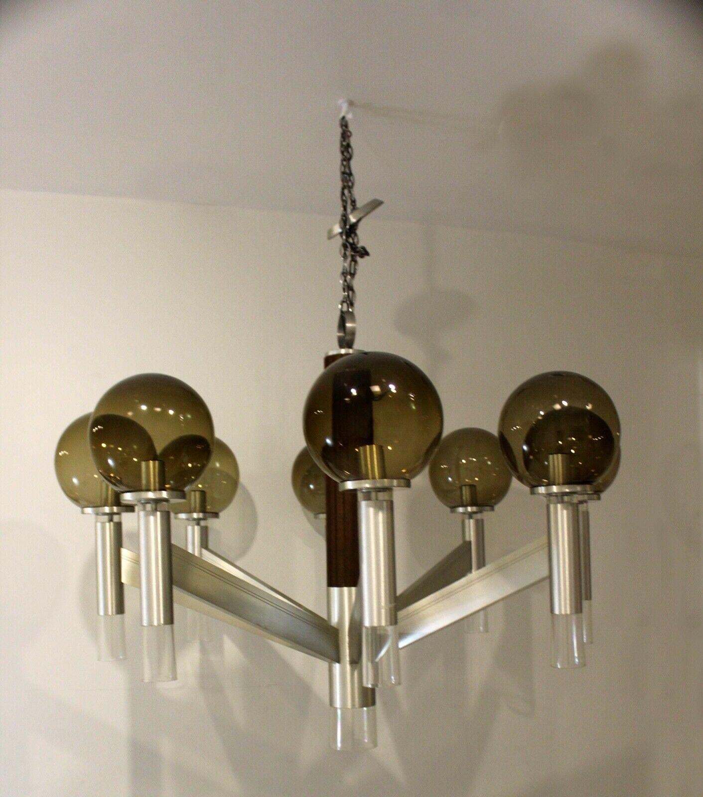 Large Mid-Century Modern Smoked Glass & Metal & Walnut Chandelier Sonneman Style In Good Condition For Sale In Keego Harbor, MI