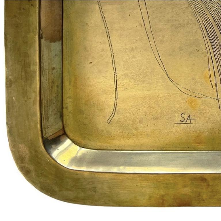 American Large Mid-Century Modern Solid Brass Square Wheat Engraved Tray - Signed Italy For Sale
