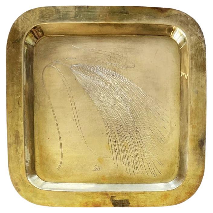 Large Mid-Century Modern Solid Brass Square Wheat Engraved Tray - Signed Italy