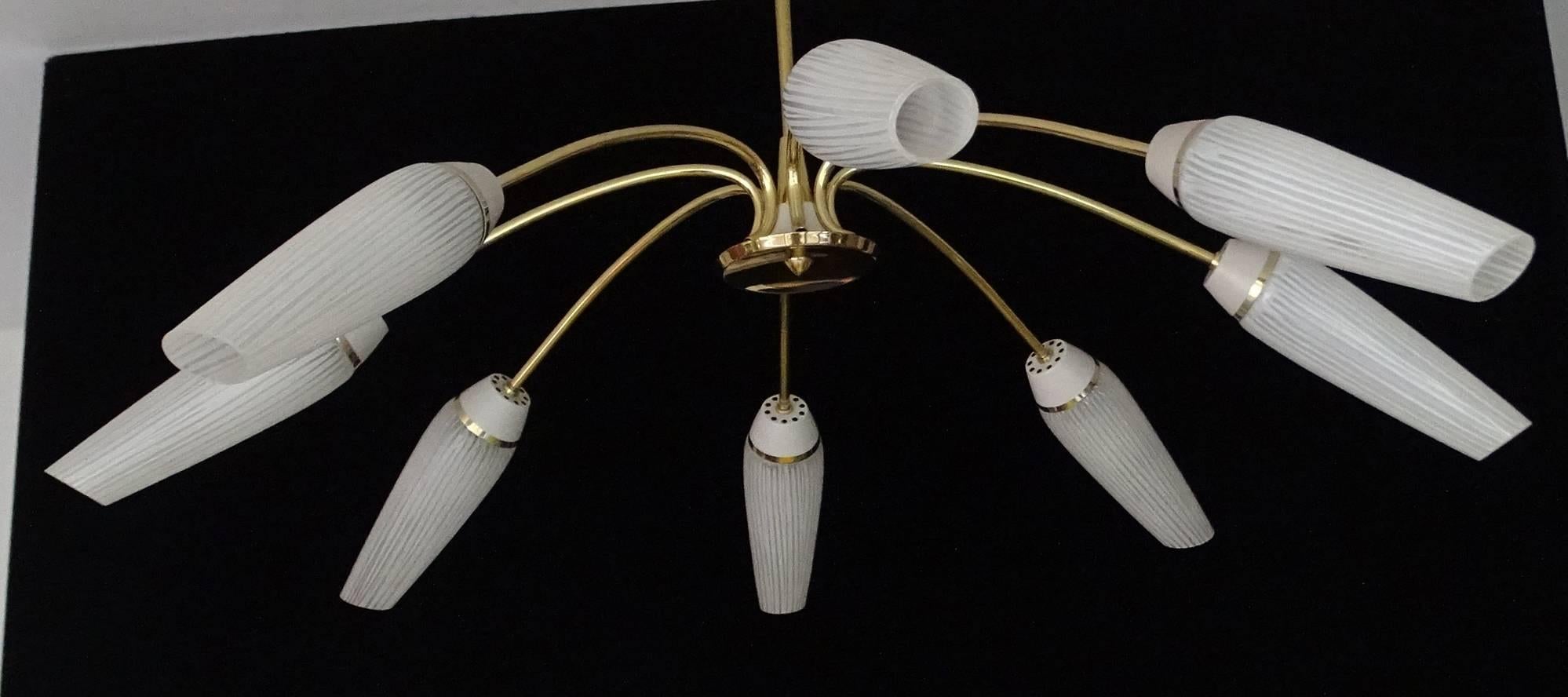 Large 8 Light  Sputnik Brass Glass Chandelier, Stilnovo Gio Ponti Era  For Sale 5