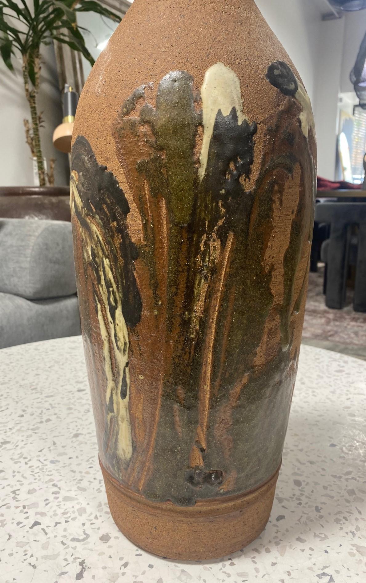 American Large Mid-Century Modern Stoneware Bottle Vase in the Style of Peter Voulkos For Sale