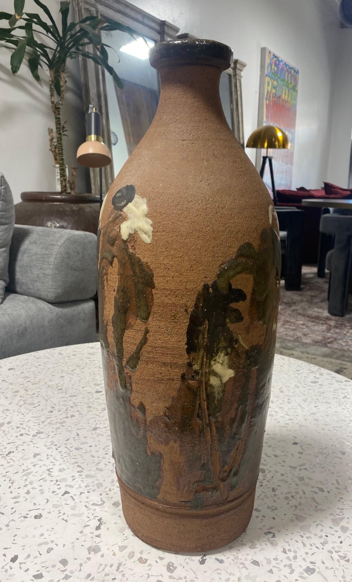 Glazed Large Mid-Century Modern Stoneware Bottle Vase in the Style of Peter Voulkos For Sale