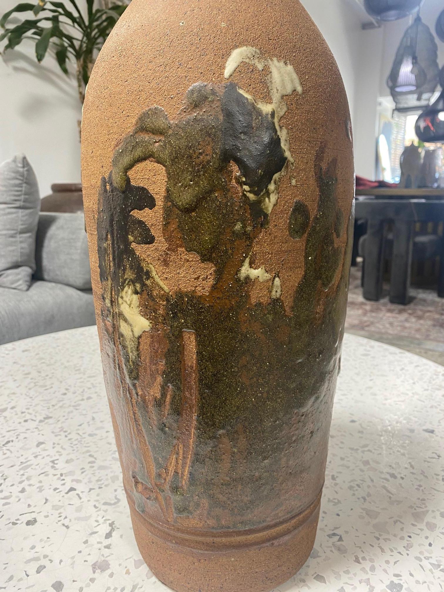 20th Century Large Mid-Century Modern Stoneware Bottle Vase in the Style of Peter Voulkos For Sale