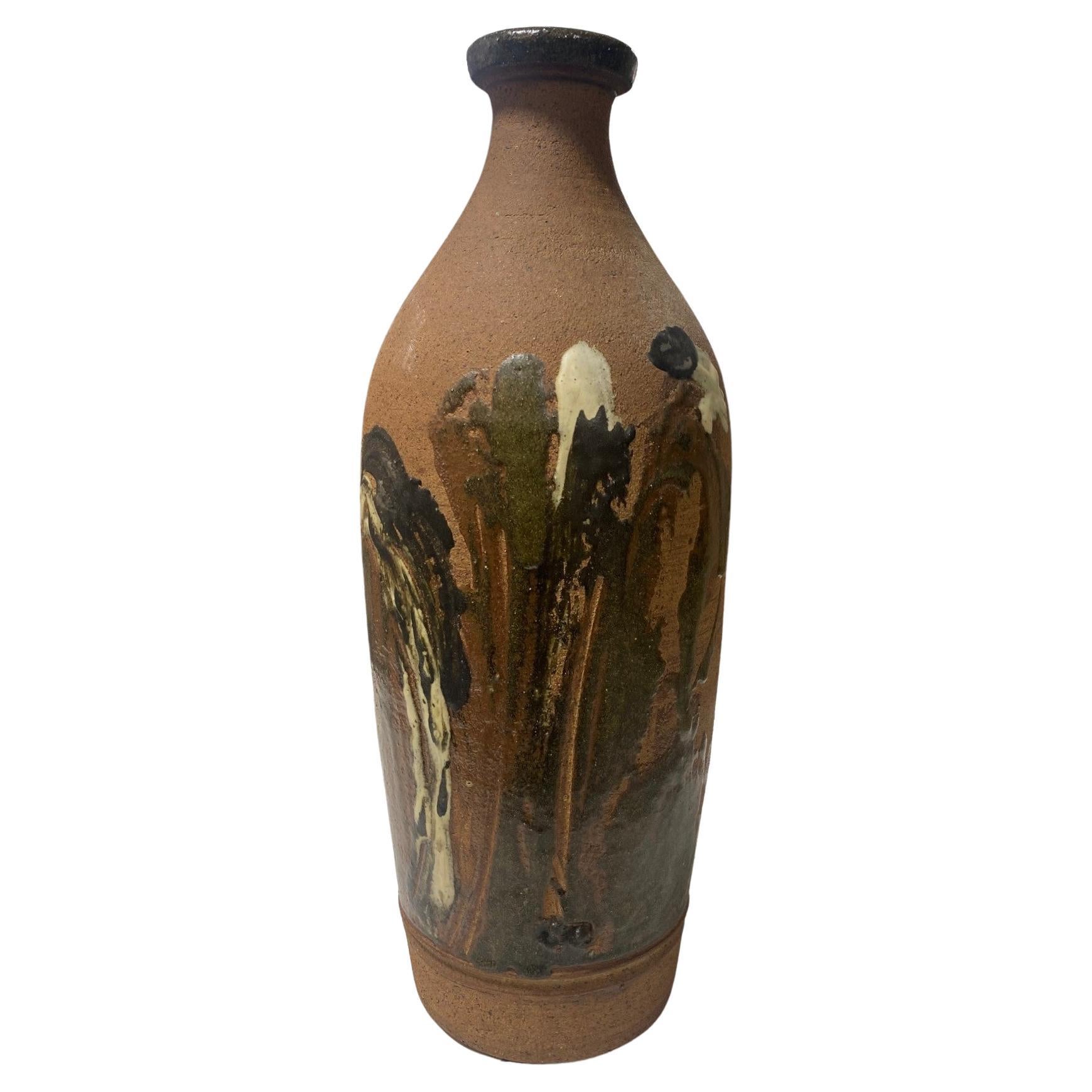 Large Mid-Century Modern Stoneware Bottle Vase in the Style of Peter Voulkos For Sale