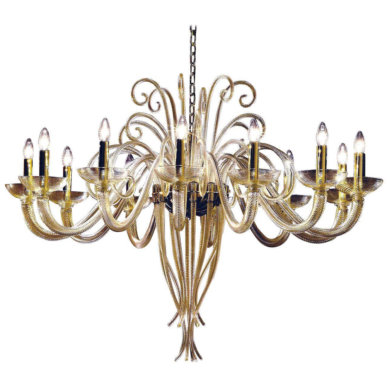 Large Mid-Century Modern Style Twelve-Arm Gold Murano Glass Chandelier For Sale