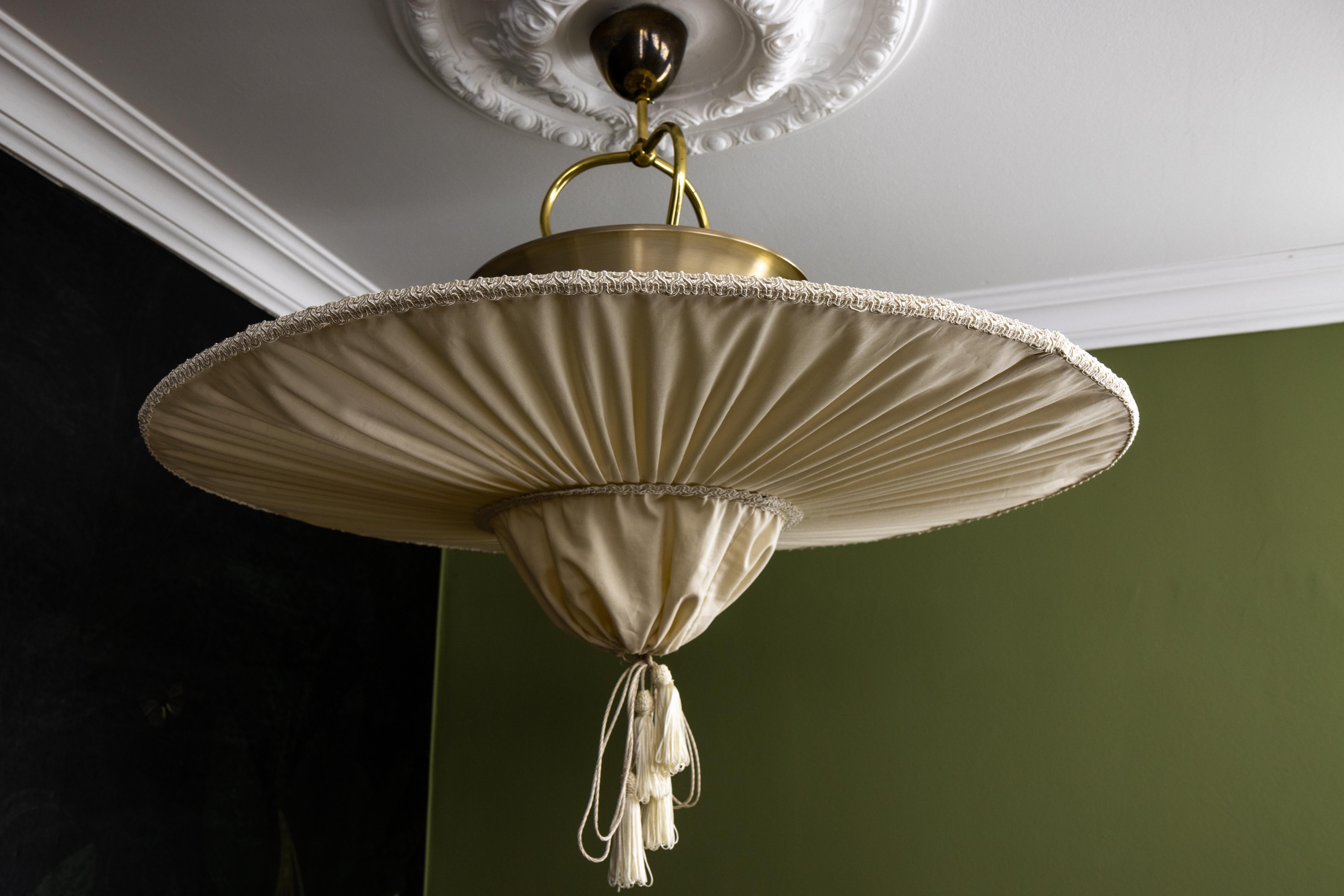 German Large Mid-Century Modern Style Ufo Shaped Beige Fabric Pendant Light, 1970s