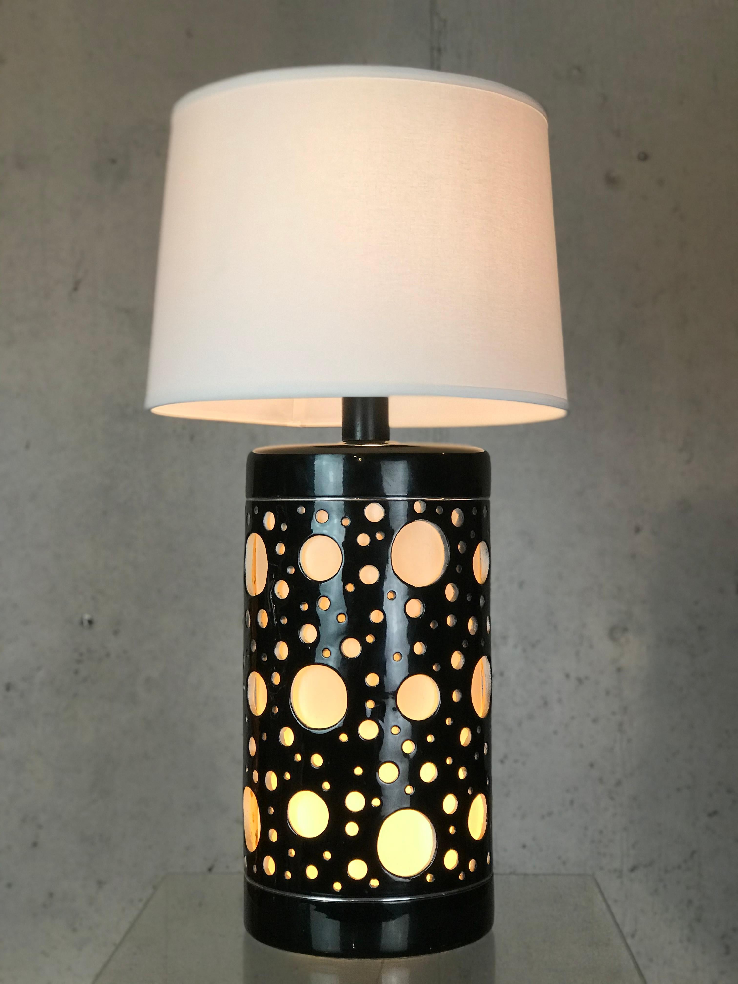Large Mid Century Modern Table Lamp Black Ceramic Op Art After Bridget Riley 1