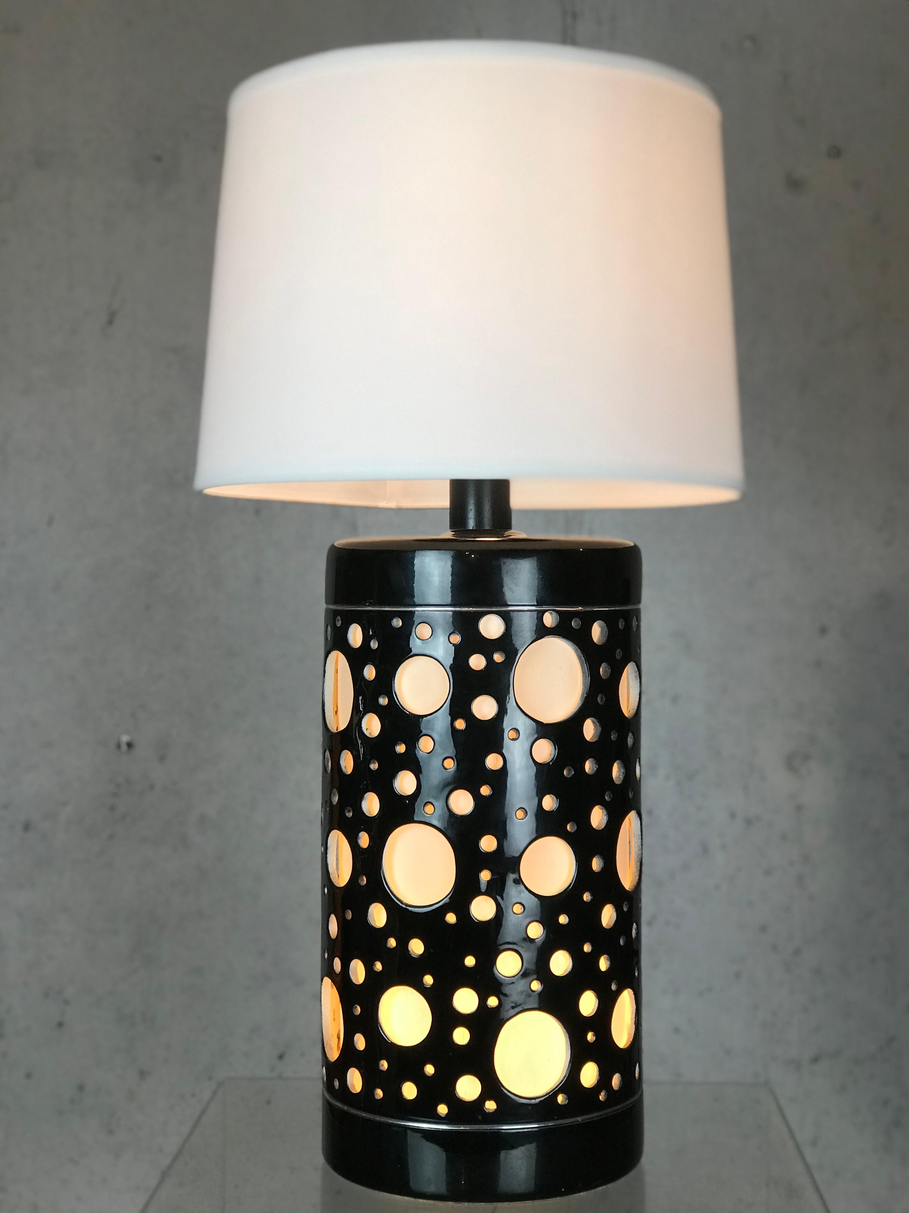 Large Mid Century Modern Table Lamp Black Ceramic Op Art After Bridget Riley 4